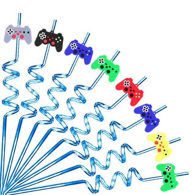 Controlador de juego reutilizable de 8 piezas y 26cm, Pajita helicoidal de plástico, consola de juegos de paja, decoración de fiesta de cumpleaños para niños(navy blue 8pcs4