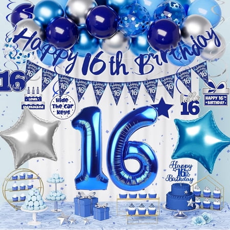 16th Birthday Decorations for Boys, Blue Silver Happy 16th Birthday Banner, 16 Year Old Birthday Decorations Boy Includes Number 16 Balloon Hanging Swirls Cake Topper Triangle Flag