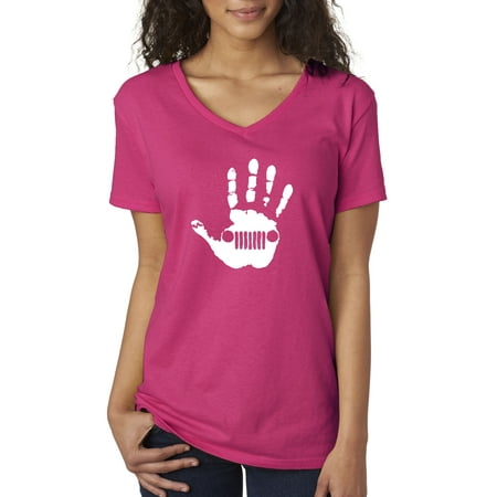 - Trendy USA 773 - Women's V-Neck T-Shirt Jeep Handprint Wave Grille Wrangler Cherokee Medium Heliconia