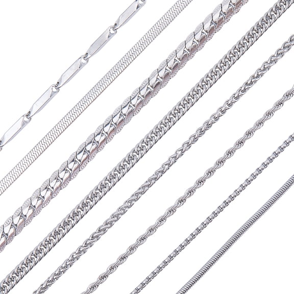 1 Box 8 Pack 22 Inch/55cm Assorted Necklace Chains Stainless Steel Necklace Set Silver Metal Box Snake Rope Cuban Figaro Links Chains