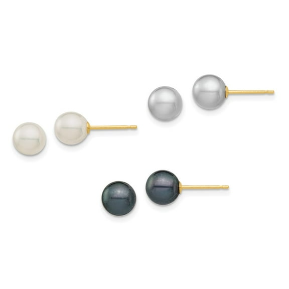 14k 6-6.5mm White/Grey/Black Round Freshwater Cultured Pearl 3 Pair Stud Post Earrings Set XF691ESET