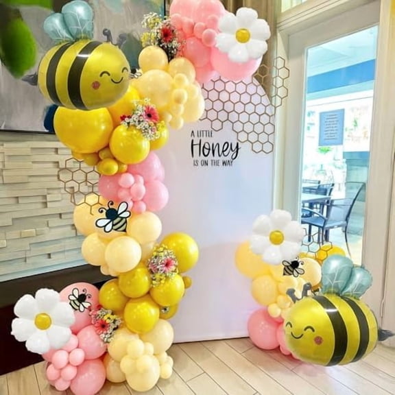 146PCS Bee Balloon Arch Garland Kit with Yellow Pastel Pink Daisy Balloons for Girls Bee Birthday Decorations, Mothers Day Party, Bear Baby Shower, Flower or Groovy Theme Decor
