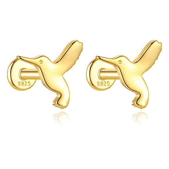 Hummingbird Flat Back Earrings for Cartilage Helix Tragus Lobe 14 kt Gold Plated Sterling Silver Pair by Ginger Lyne