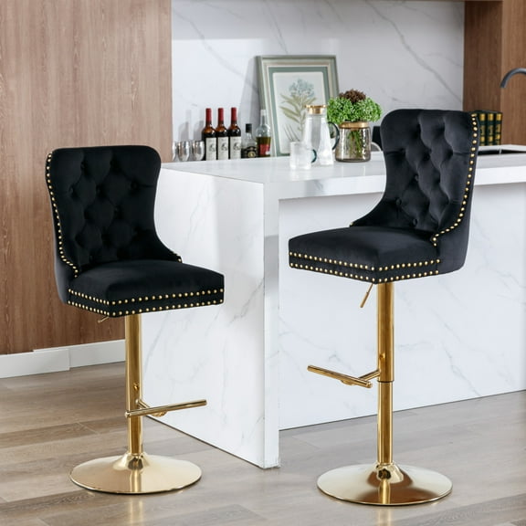 Velvet Bar Stools Set of 2, Swivel Counter Height Barstools with Nailheads Trim and Button, Upholstered Adjustable Bar Stools with High Tufted Back for Kitchen Island, Pub, Club(Black)