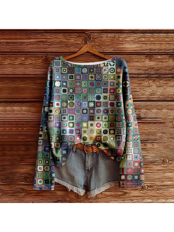 Women's Sweater Colorful Square Print Casual Boat Neck Long Sleeve Fall Pullover Top 2XL