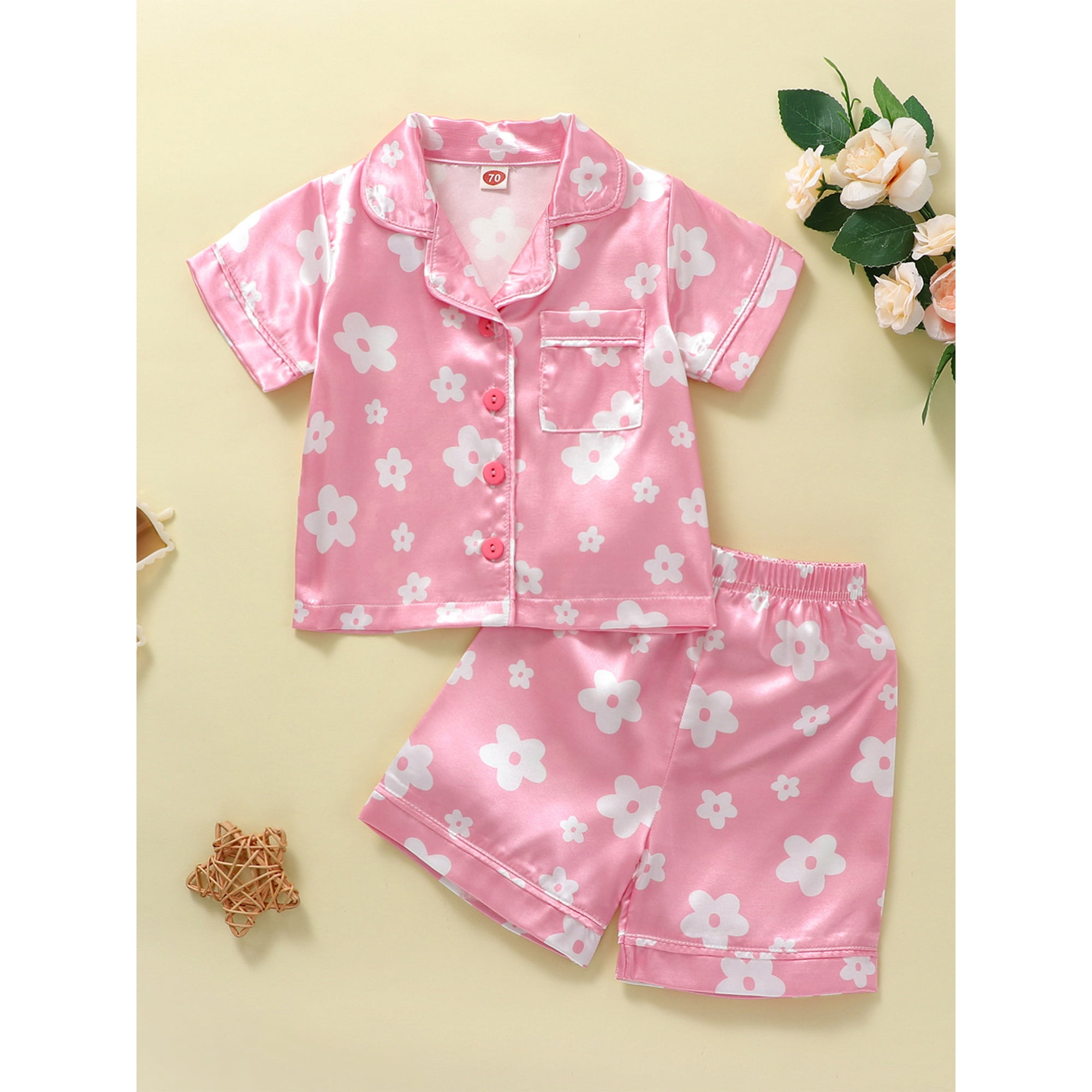 xiaxaixu Kid Girl Pajamas Set Short Sleeve Lapel Neck Floral Print Buttons Tops Loose Short Pants