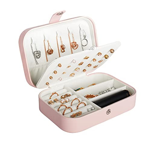 Travel Jewelry Box,PU Leather Small Jewelry Organizer for Women Girls,Portable Mini Travel Case Display Storage Holder Boxes for Stud Earrings,Rings,Necklaces,Bracelets (Pink)