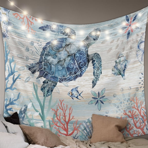 Coastal Turtle Tapestry for Bedroom Wall Hanging Tapestry, Rustic Nautical Starfish Conch Coral Wood Ceiling Backdrop Tapestries Poster Blanket Wall Decor for Teens Room Living Room Dorm 59" x 79"