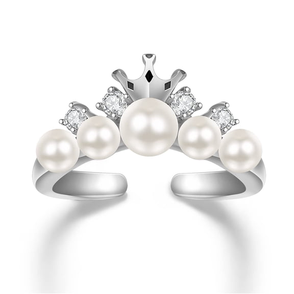 TANGPOET Pearl Open Rings for Women Sterling Silver Crown Pearl Adjustable Rings Crown Jewelry Anniversary Everyday Birthday Gift for Wife Her Mom