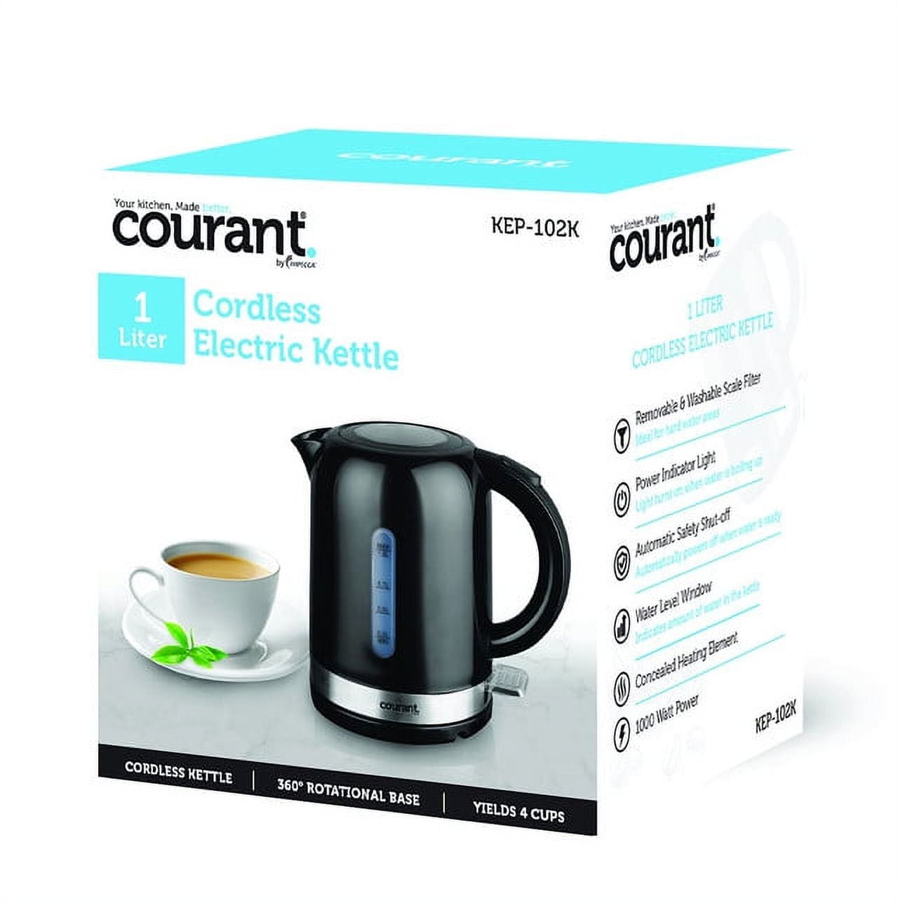 Courant Hot Water Kettle. Cordless, Electric, Stainless Steel, New, with Auto Shutoff Feature!