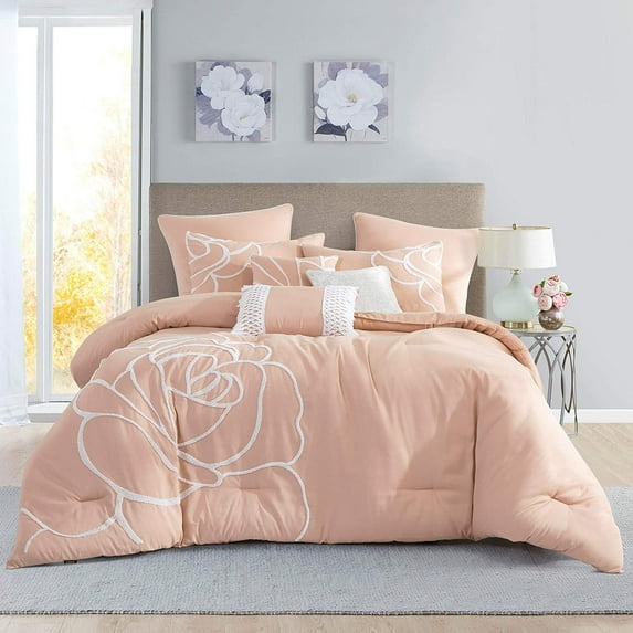 Sapphire Home Luxury 8 Piece King/California-King Comforter Set with Shams and Cushions, Solid with Floral Pattern, Bed Cover Bed in a Bag, 21957, King/Cal-King, Peach