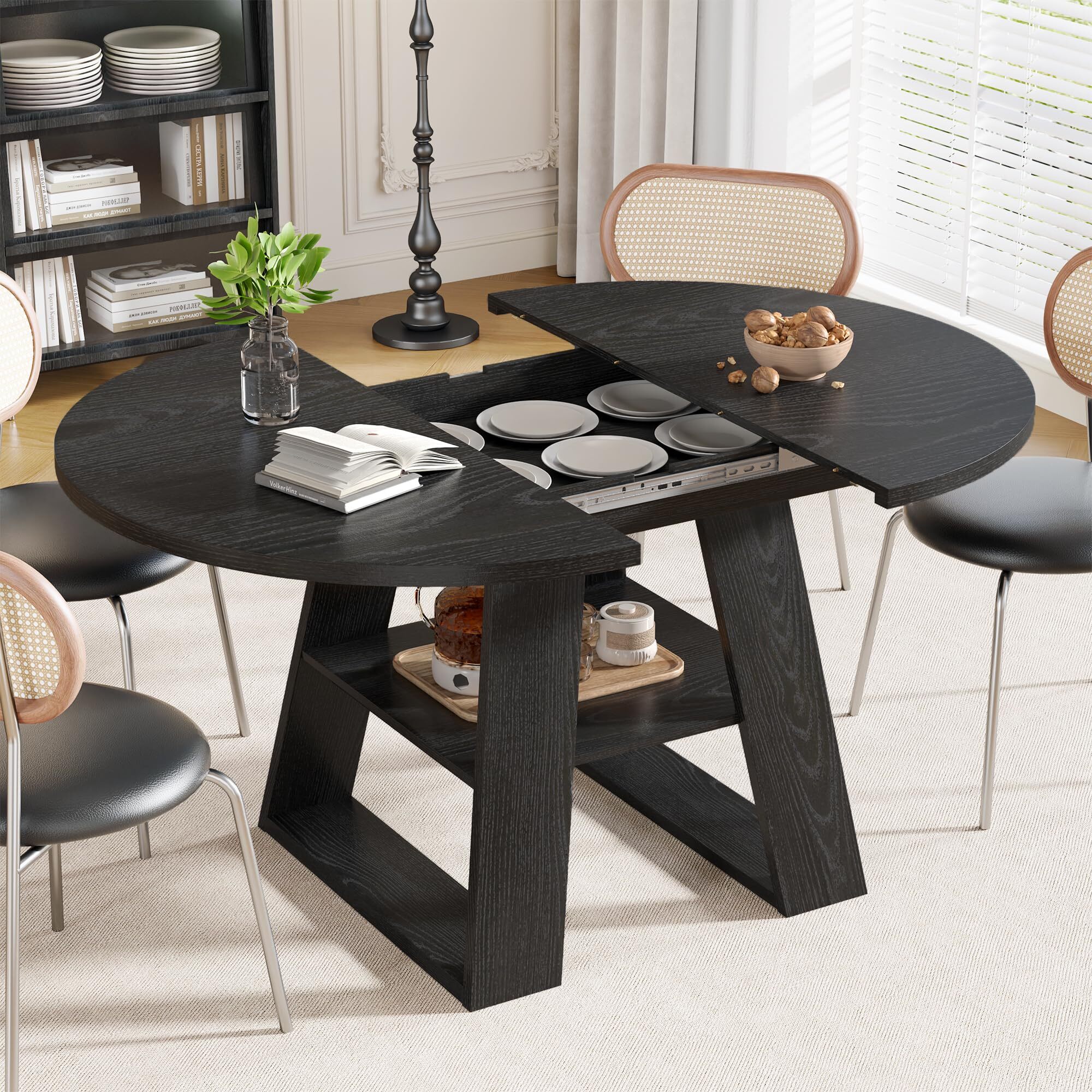 Fsbecl 43.3in-59in Extendable Round Dining Table for 4-8, Space Saving Kitchen Table with Storage Shelf Base, Black