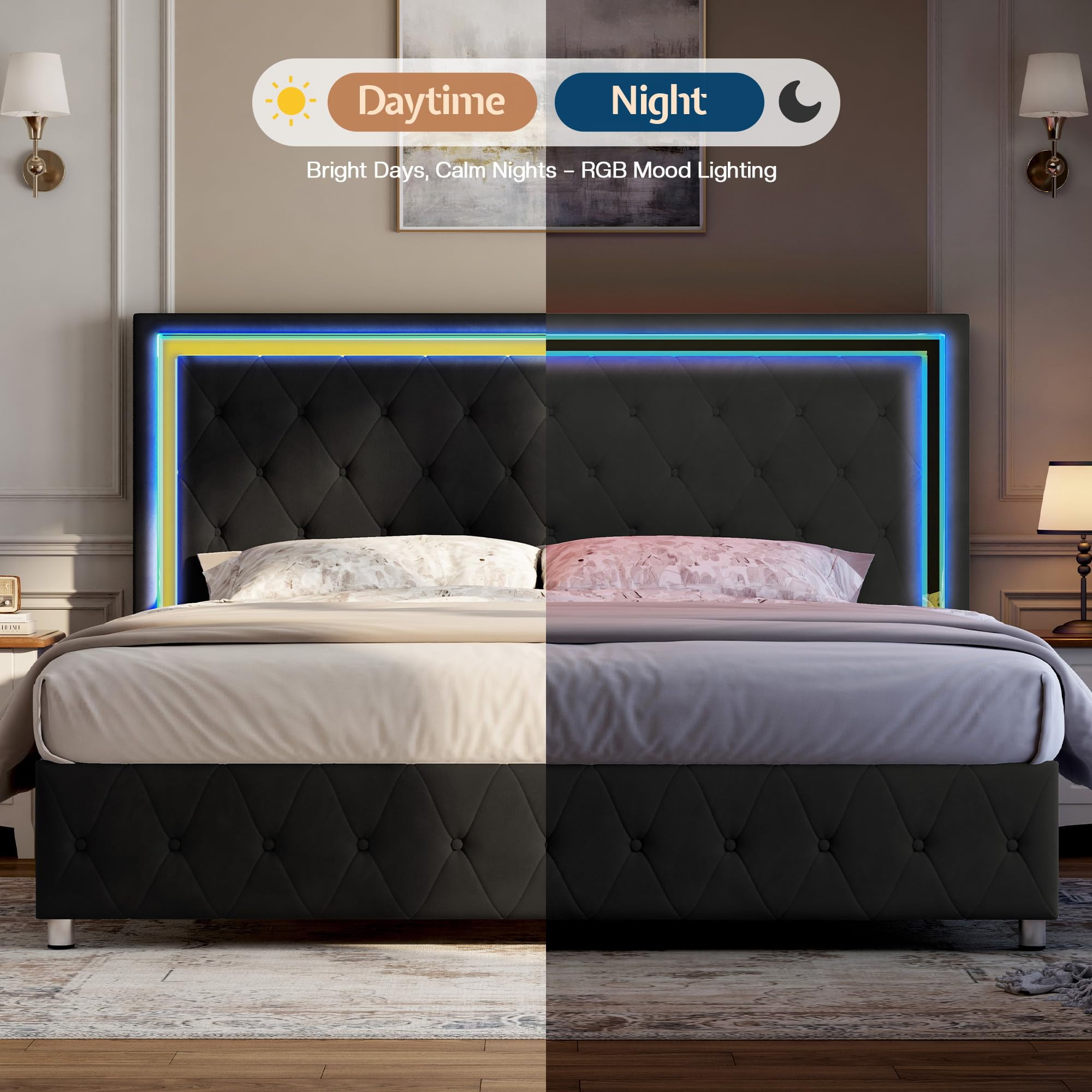 Merluxy Twin Size Bed Frame with Led Lights Headboard, Acrylic Mirror Accents, No Box Spring Needed, Velvet Upholstered Black