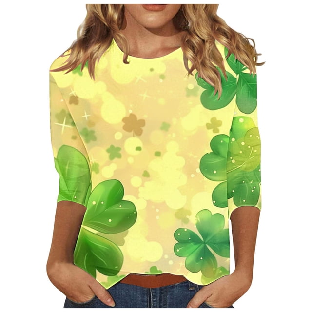 Diufon T-Shirts de la Saint-Patrick pour Femmes, Grande Taille, Imprimé Trèfle, Manches 3/4, Col Rond