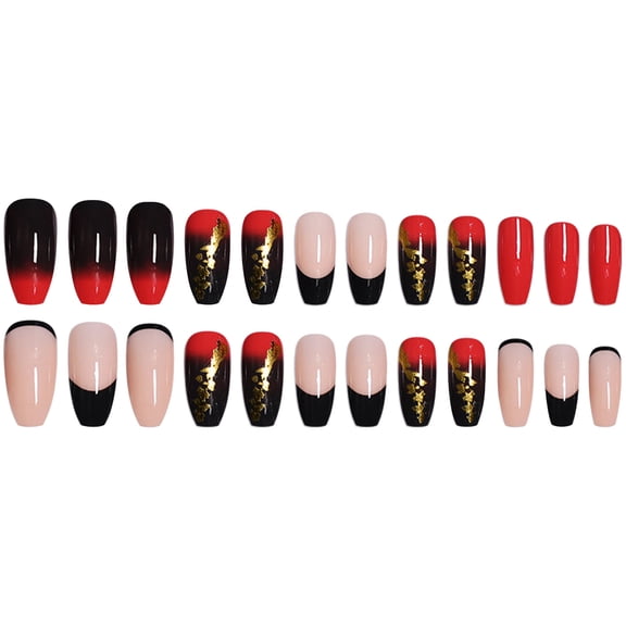 pengxiang Clearance Nails Kit Acrylic Set,Red And Black Gradient Gold Pool Decorative Nails 24 Pieces Nails Nail Set Including Nail Glue Acrylic Nail Glue To Ladies And Girls Nails