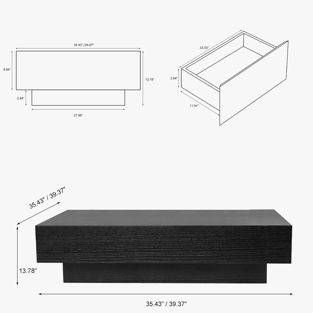 POVISON Mid Century Modern Coffee Table, Minimalist Wood Veneer Coffee Table with Storage for Living Room, Fully-assembled, 39.37", Black