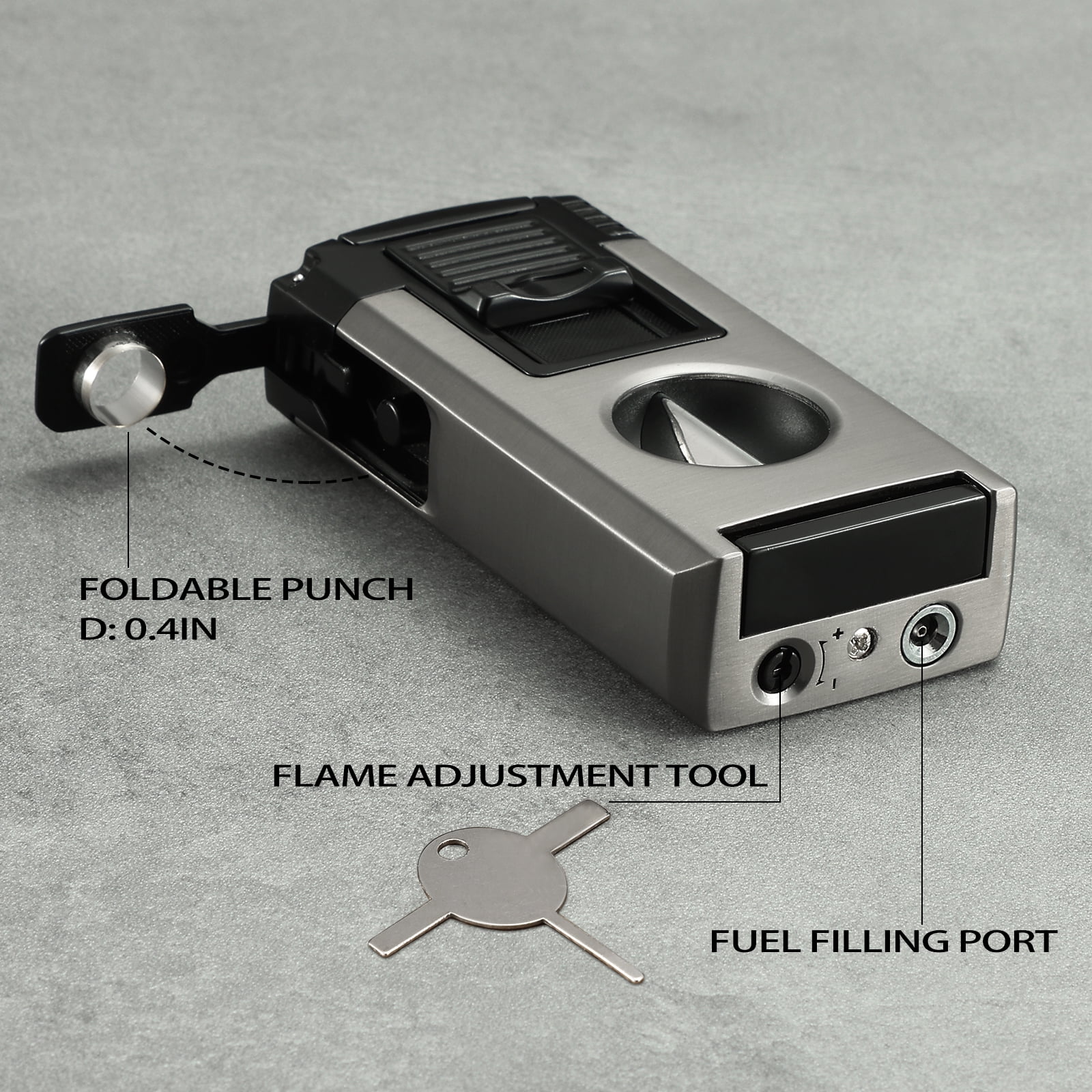 All in One Jet Flame Cigar Torch Lighter Built-in Cutter V Cut, Punch, Holder Function, Draw Enhancer Tool, Refillable and Adjustable Windproof Lighter (Sold Without Gas)