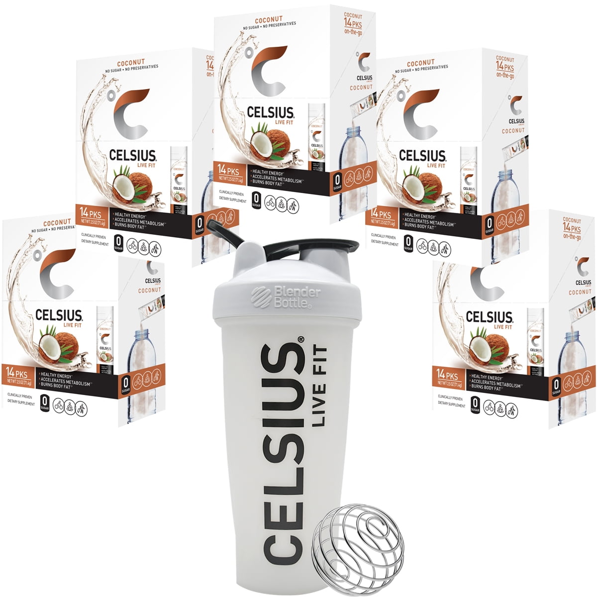 CELSIUS OnTheGo Energy Powder Sticks (5 Pack) with Shaker Coconut