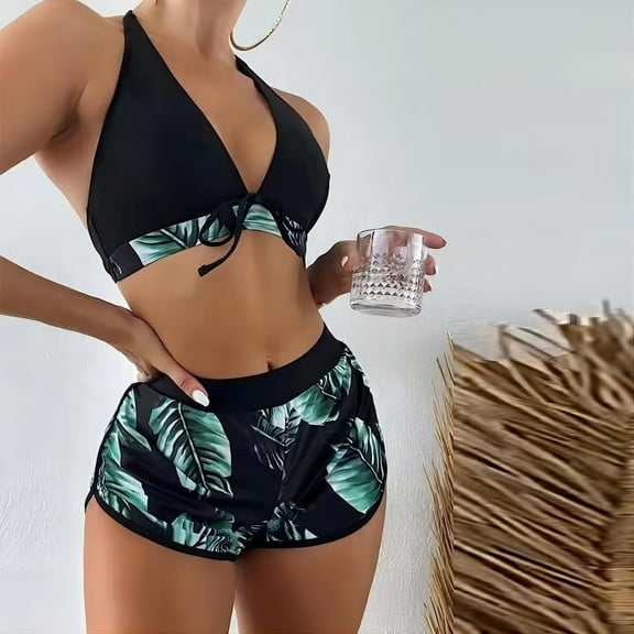 Women's Bathing Suit 3-Piece Bikini Sets Thong Bikini Sets Cross Sling High Waist Short Swimsuits Sets for Women