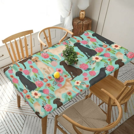 

Home Deluxe Tablecloth Labrador Florals Mint Cute Dogs Waterproof Elastic Rim Edged Table Cover- For Christmas Parties And Picnics 5ft