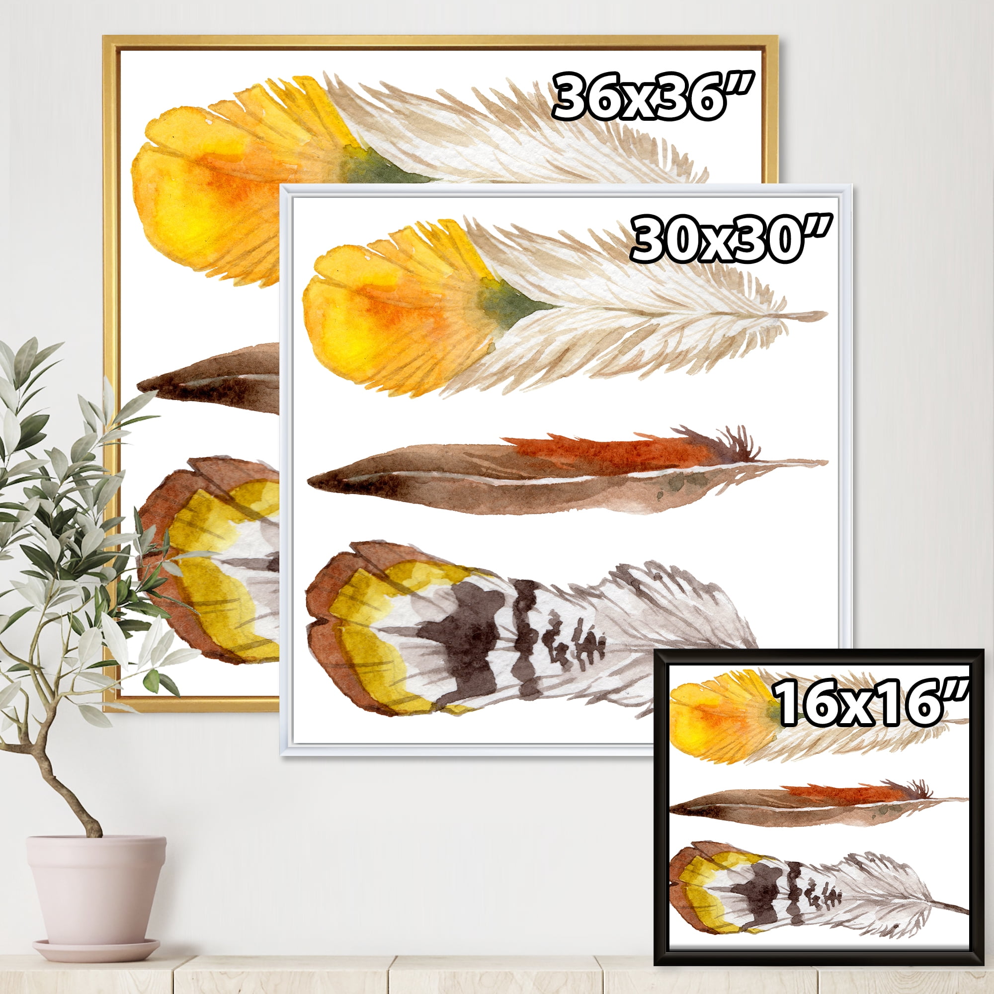 Designart 'Ethnic Yellow Feather From Wing On White' Bohemian & Eclectic Framed Canvas Wall Art Print