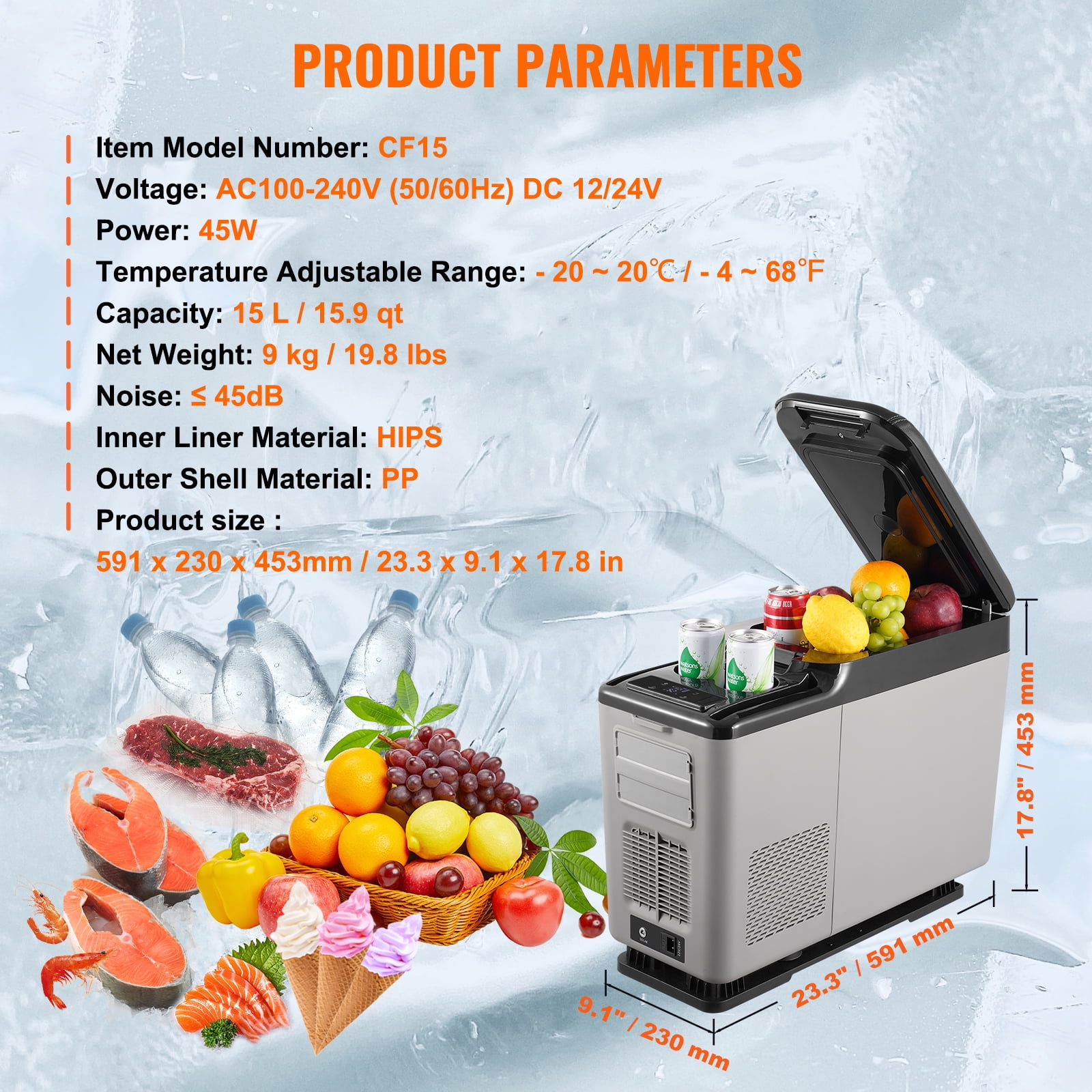 VEVOR Car Refrigerator, 12 Volt Car Armrest Refrigerator Fridge, 15 L Single Zone Portable Freezer, -4℉-68℉ Adjustable Range, 12/24V DC and 100-240V AC Compressor