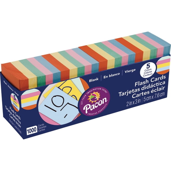Pacon Blank Flash Cards with Dispenser Box, 5 Assorted Colors, Unruled 3" x 2", 1000 Cards