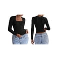 thumbnail image 3 of Camisetas de Larga para Mujer, Blusas de Cuello Cuadrado, Blusas de Punto Acanalado para Adolescentes, Blusas , Ropa de Moda de Otoño Negro L, 3 of 8