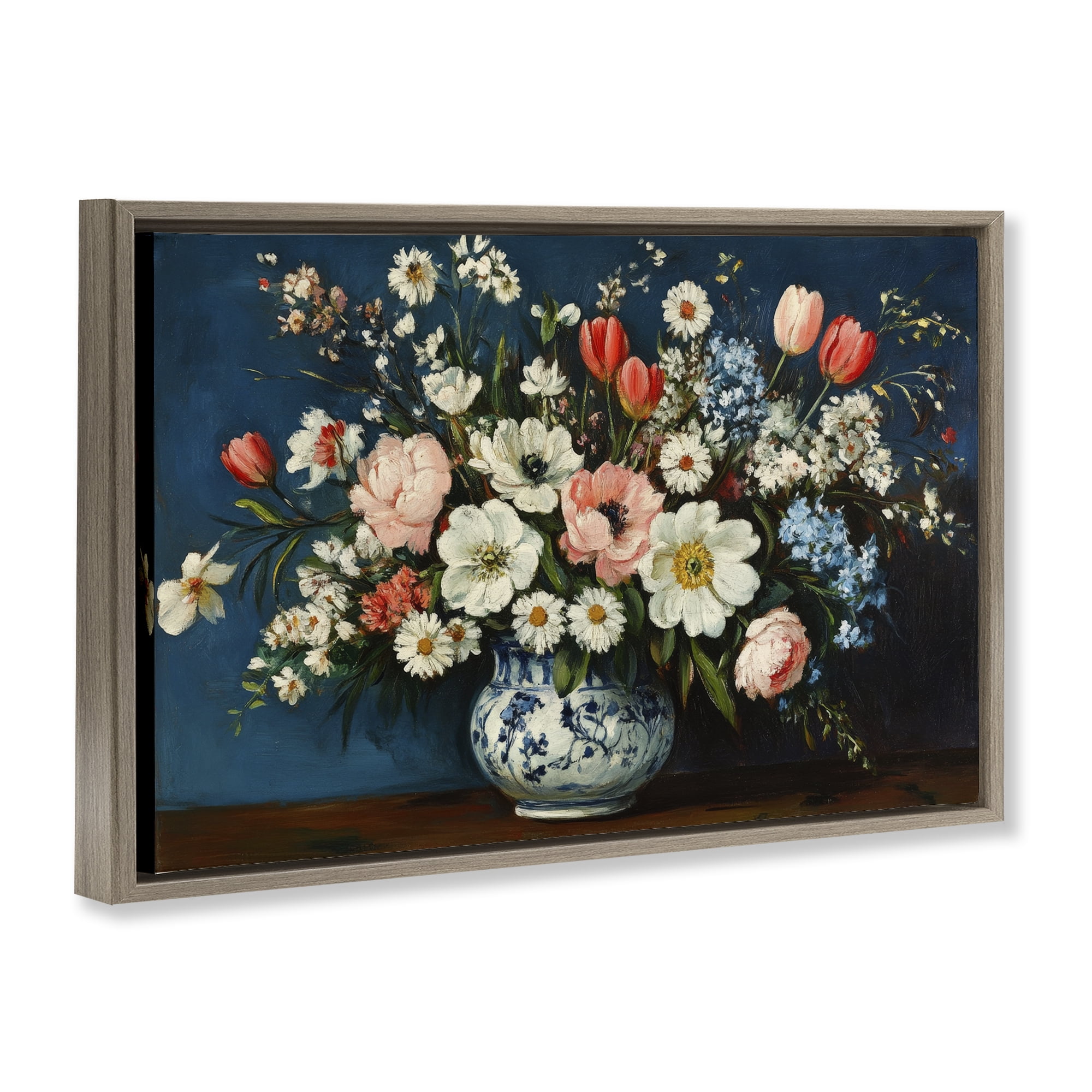 Stupell Industries Colorful Bouquet in Vase Brown Framed Floater Canvas Wall Art, design by Petal Prints Design