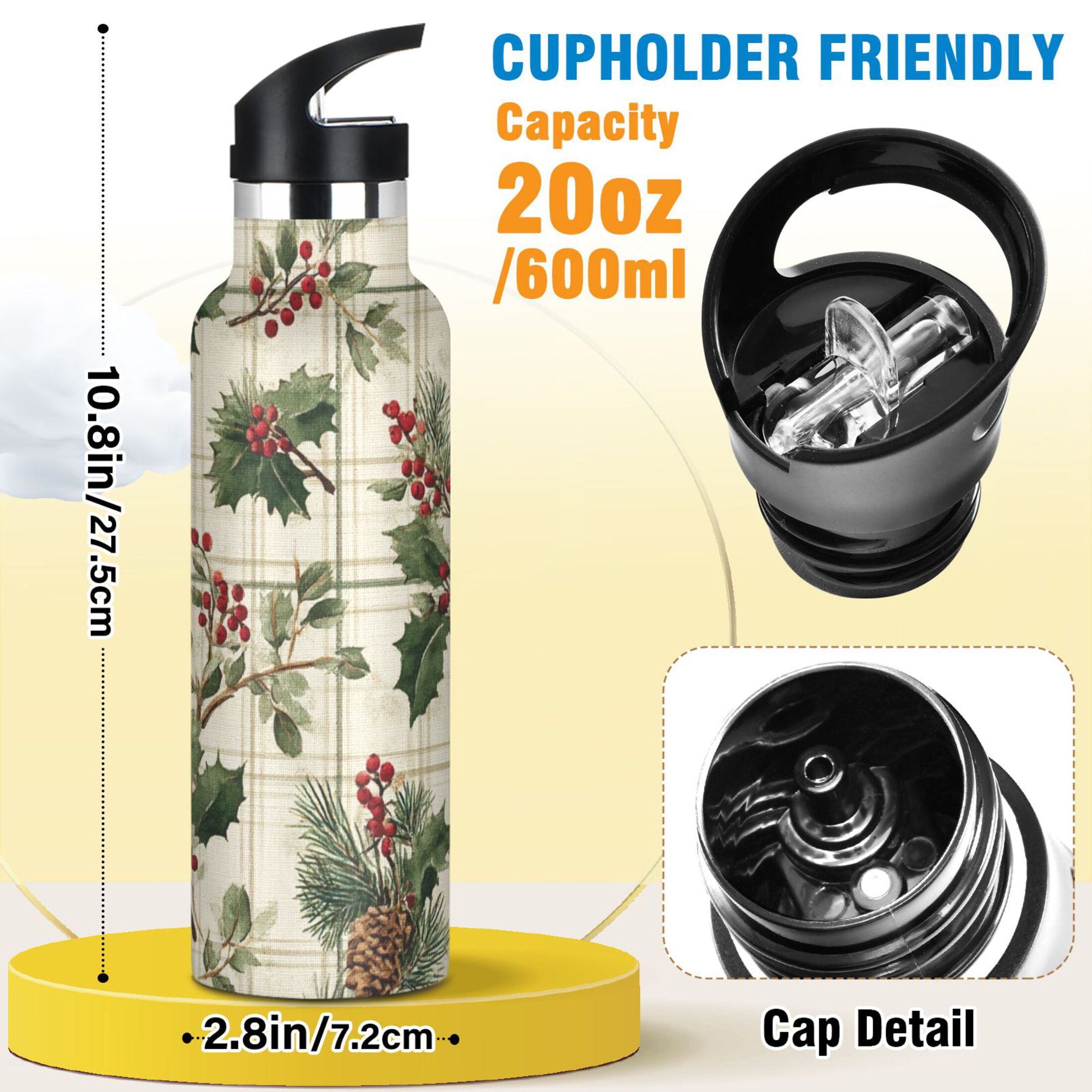 Kids Insulated Stainless Steel Sports Water Bottle 600ml (20oz) Pine Boughs and Holly Pattern