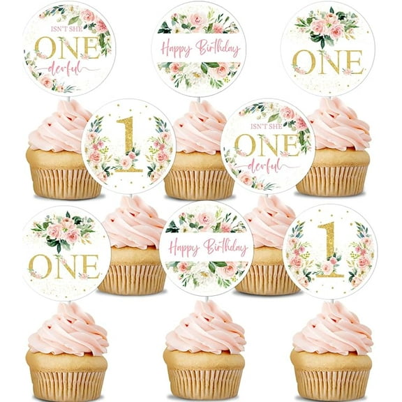 Flower First Birthday Decorations for Girl - 24PCS Pink Floral Cupcake Toppers for Isn't She Lovely Isn't She Onederful Little Miss Onederful Baby Girl 1st Birthday Party Decorations