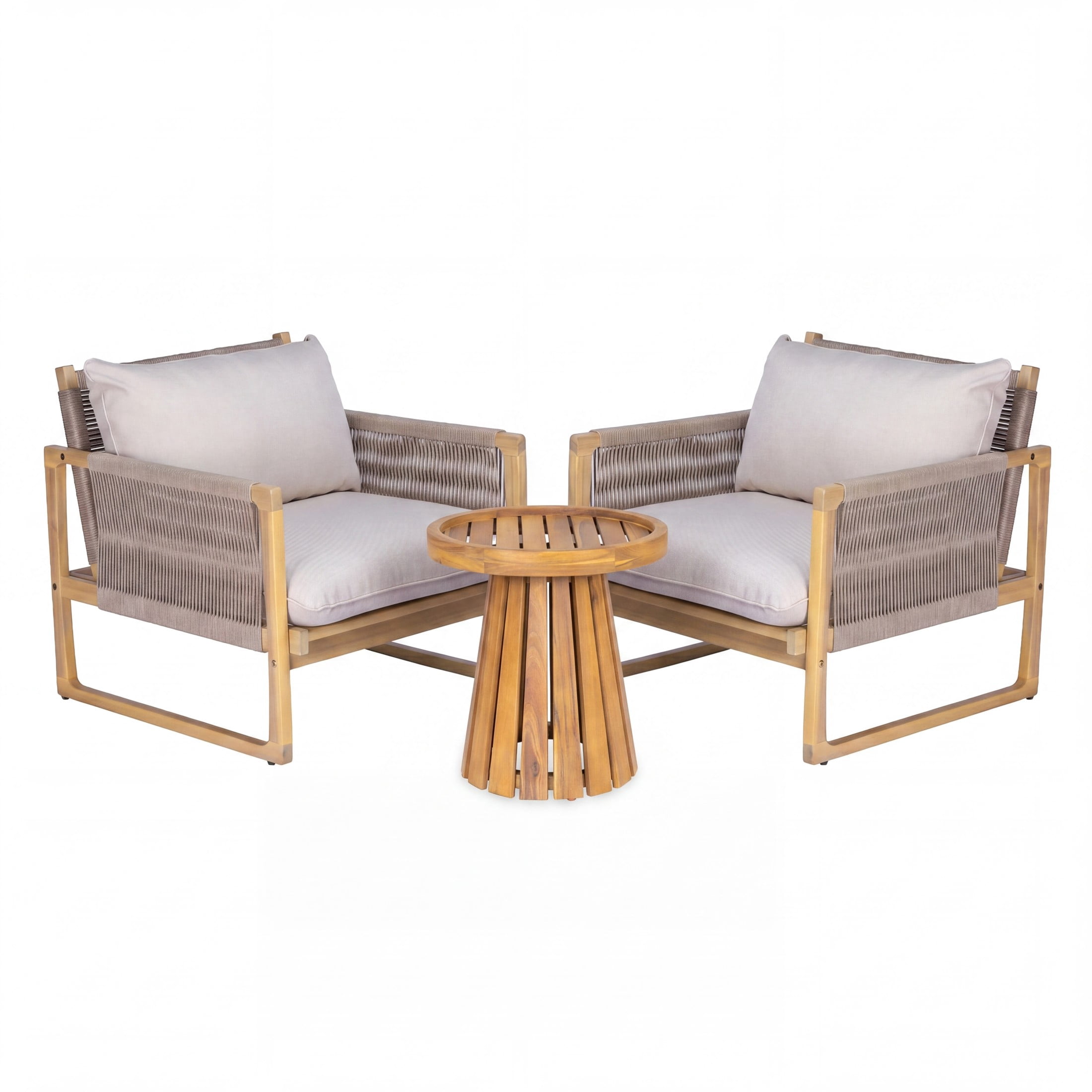 Christopher Knight Home 3-Piece Acacia Wood Patio Chat Set with Table and Cushions, Light Teak+Beige