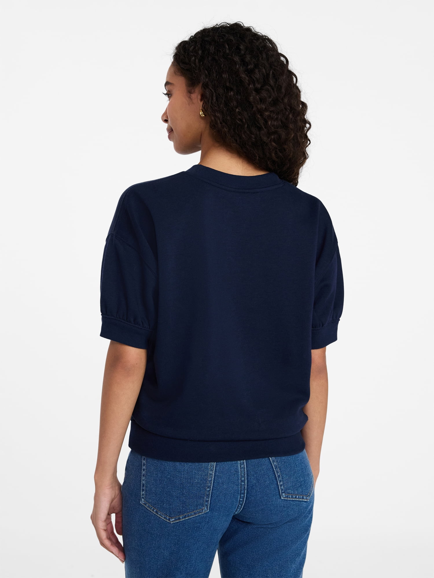 Time and Tru Women's Fleece Sweatshirt with Short Puff Sleeves, Sizes XS-XXXL