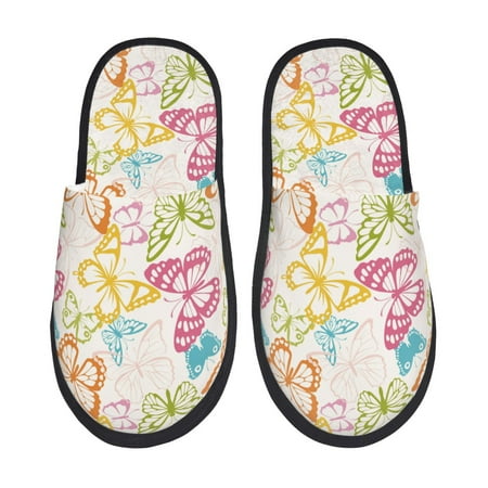 Balery Retro Colorful Butterfly Slient Indoor Furry Fleece Comfort House Shoes Soft Non-Slip Home Shoes Cotton slippers House Slippers-- Large