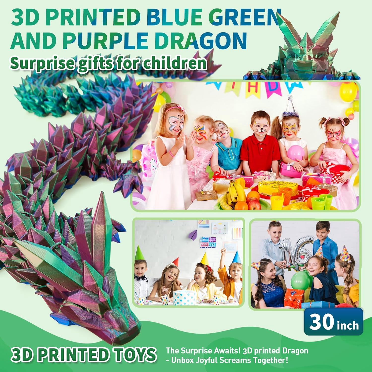 3D Printed Dragon - 30 inch Large Pearly Sheen Articulated Dragon, Mystery Easter Crystal Animals Fidget Toy(Blue Green Purple)