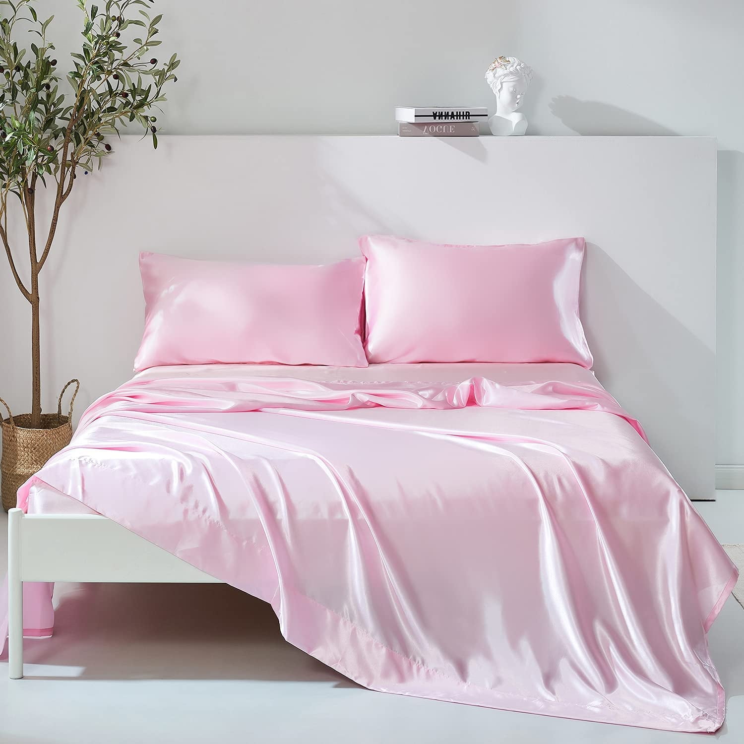 ANMINY Satin Sheets Silk Sheets King Light Pink Bed Sheet Set Deep ...