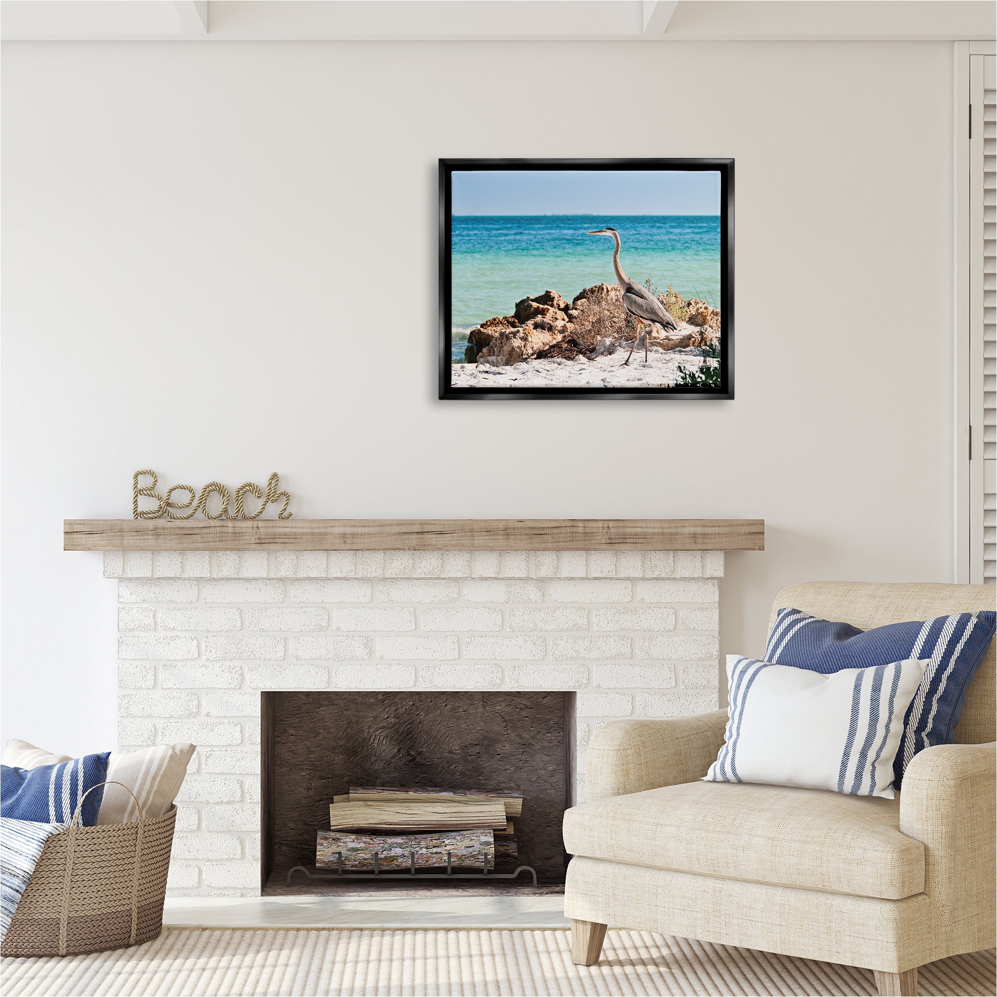 Stupell Industries Heron Watching Ocean Animals & Insects Photography Black Floater Framed Canvas Art Print Wall Art, 31 x 25