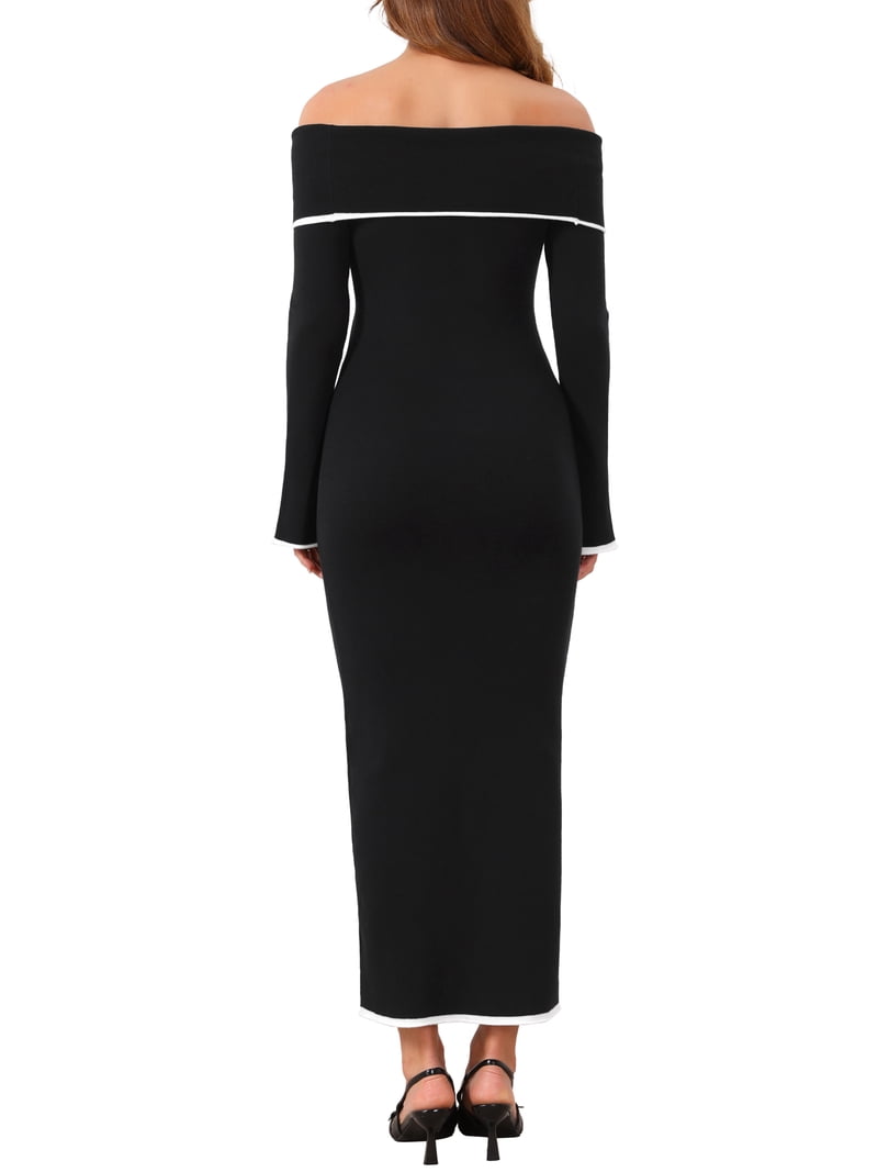 Inspire Chic Women's Off Shoulder Dress Cocktail Evening Formal Bell Sleeve Bodycon Maxi Knit Dress L Black, Size: Large