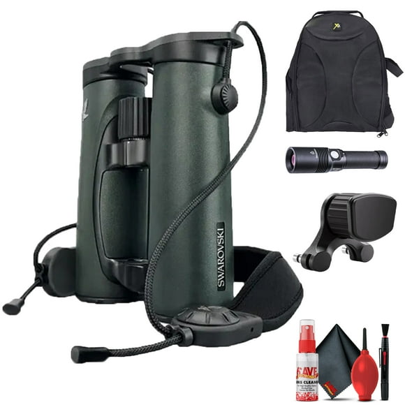 Swarovski 10x42 EL Binoculars + Swarovski FRR Forehead Rest for EL Range with Tracking Assistant + Padded Backpack + Flashlight  + 6Ave Cleaning Kit