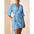 thumbnail image 4 of Blue Linen V-Neck Wrap Mini Dress With Side Tie, Casual Summer Style, 4 of 8
