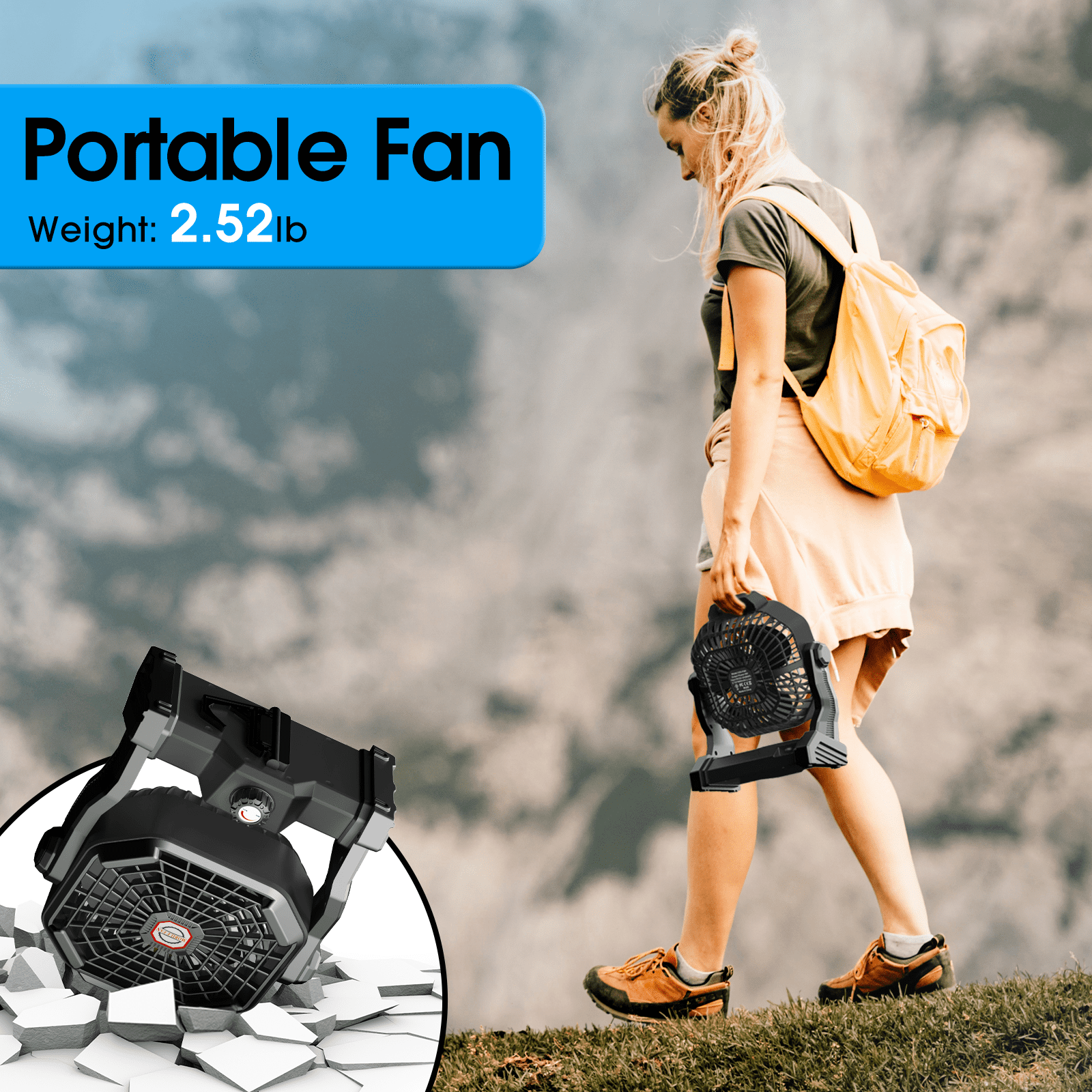 9 Inch Camping Fans for Tent, 20000 mAh Portable Fan with Light, Rechargeable Battery Powered Fan, Stepless Speed, for Picnic, Tent, Fishing, Bedroom