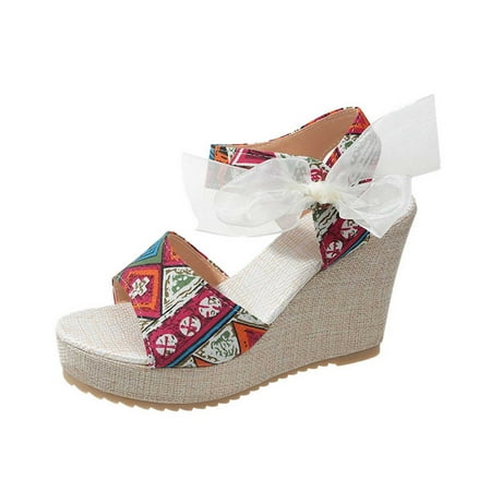 

Bohemian Wedges Sandals for Womens Fashion Ethnic Style Open Toe Ankle Buckle Platform Sandals with Strap Bowknot