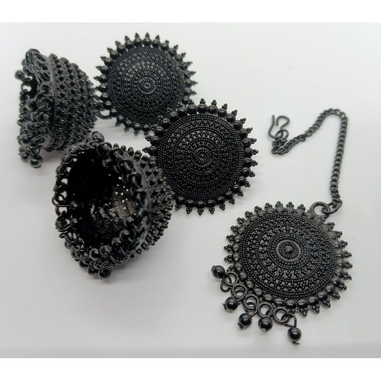 Matrbhumi Black Designer Antique Ethnic Design Traditional Oxidised Silver Jhumka Earrings Maang Tikka Set Traditional Fashion Jewelry for Women for