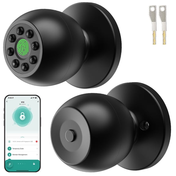 Fingerprint Door Lock, 4-in-1 Smart Door Knob with Keypad, App & Key, Auto Lock, Privacy & Passage Modes, Keyless Entry Door Lock for Bedroom, Apartment, Home Office