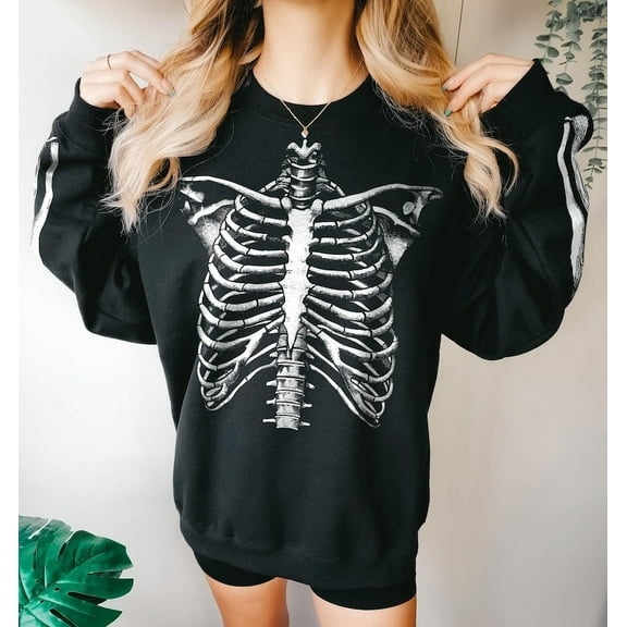 Halloween Skeleton Sweatshirt - Realistic Skeleton Rib Cage Sweater - Skeleton Bones Sweatshirt With Sleeve Print