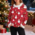 thumbnail image 2 of Bzhegqhd Women's Christmas Print Sweater Long Sleeve Round Neck Pullover Top with Faux Fur Collar Ribbed Knit Texture Plush Winter Warm Cozy Casual Loose Fit Holiday Party Wear, 2 of 7