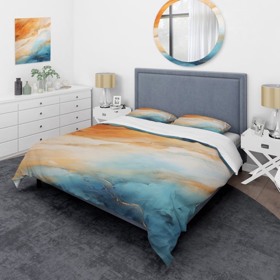 Designart "Mirage of the Desert in Blue and Orange I" Tachisme Bedding Covert Set - Abstract Blue Modern Bed Set With 2 Shams