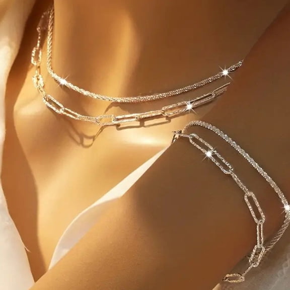 4 Pcs/Set Women Jewelry Set Double-layered Necklace And Bracelet Hollow Out Chain Shimmering Surface Adjustable Length Neck Wrist Jewelry for Banquet Prom