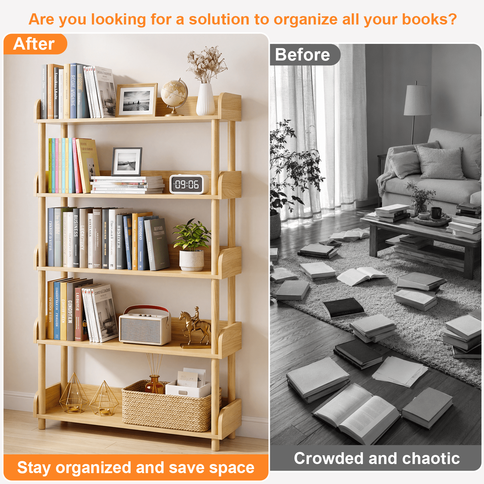 GARITIN 5 Tier Wood Bookshelf, Freestanding Display Shelf with Open Storage Shelves and Solid Wood Legs for Home Office Living Room, Wood