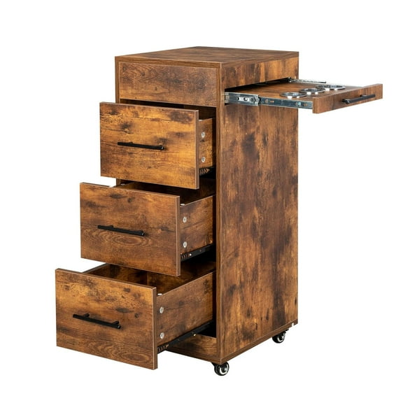 Ktaxon Wooden Hair Storage Cabinet, Salon Trolley Cart with Wheels, Stylist Cart Mobile Hairdressing Barber Station for Beauty Spa Barbershop, 3 Large Drawers, 3 Hot Tool Holders, Rustic Brown